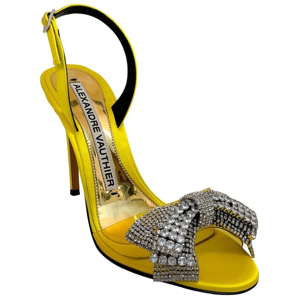 Alexandre Vauthier Yellow Satin Slingback Sandals with Crystal Embellished Bow